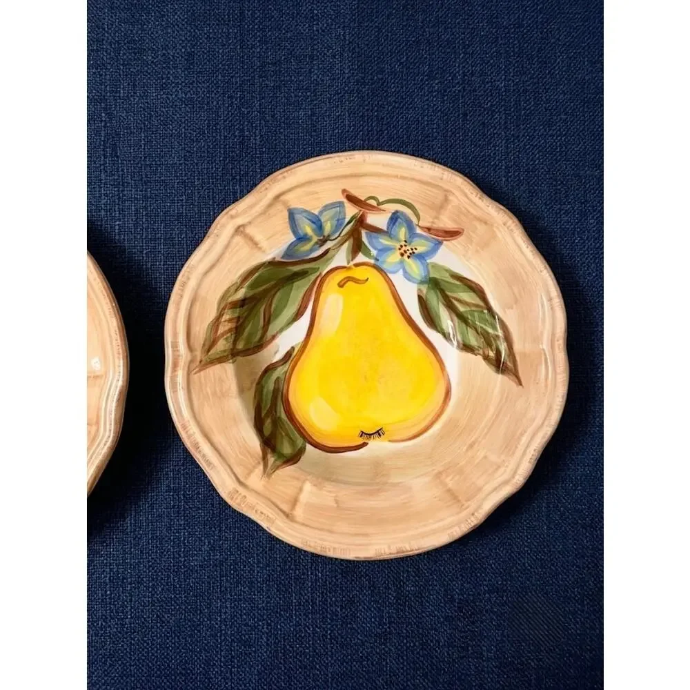 Vintage Fruta Hand Painted Pear Soup Pasta Bowls - Set of 2 - 9 Inch Ceramic